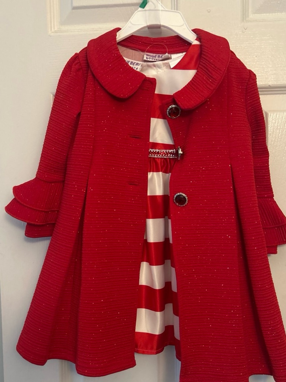 Blueberi Boulevard Girls' Red Sparkle Pea dress Coat with Decorative Buttons